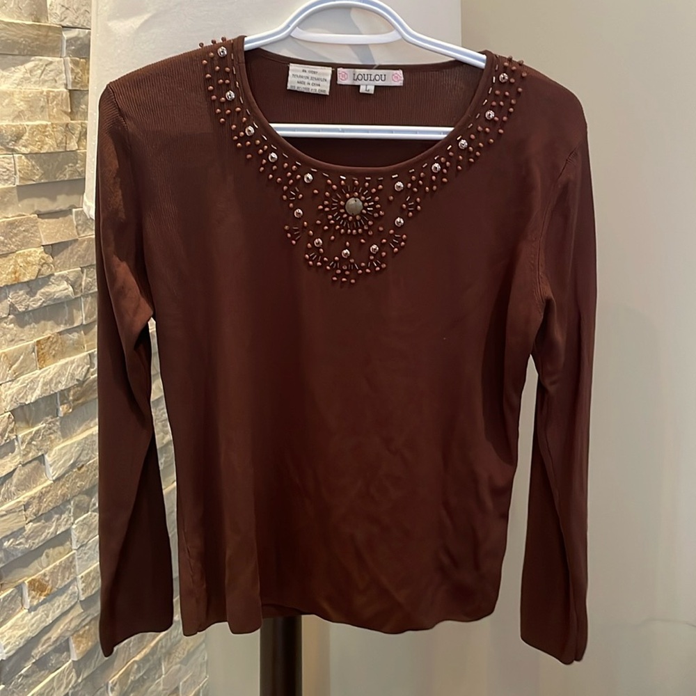 Brown top with beaded neckline